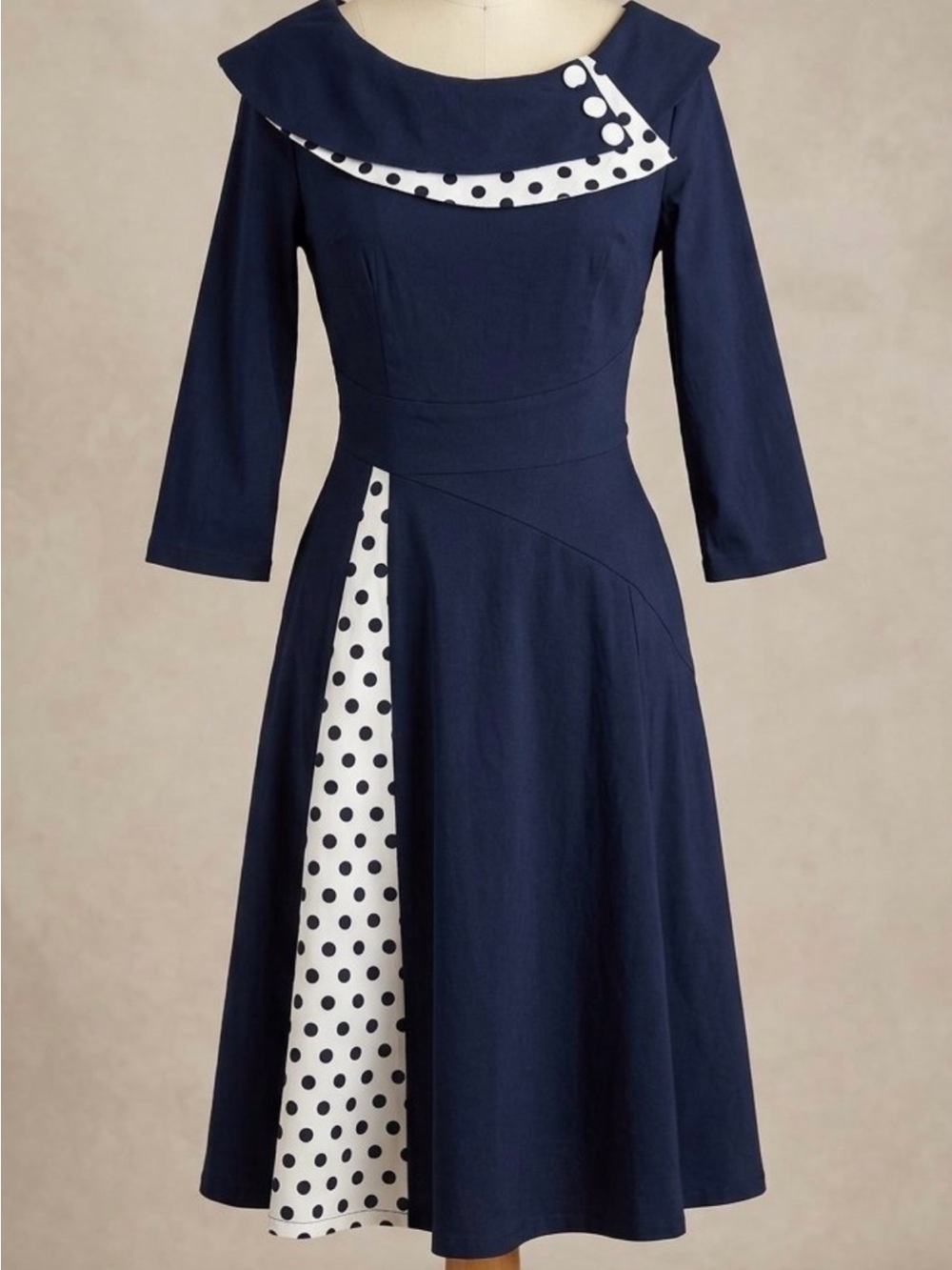 Navy Polka Dot Panel Midi Dress with Sailor Collar